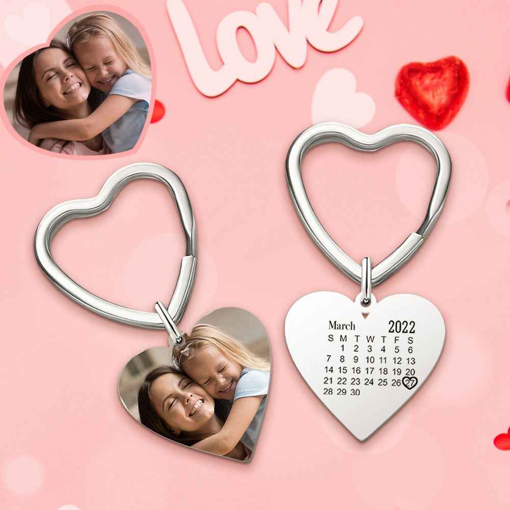 Engraved Keychain with Photo Gifts for Mom with Heart 3 Colors
