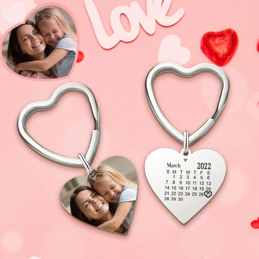 Personalised engraved heart photo keyring in silver with a highlighted calendar date and custom text – anniversary keepsake for Mum