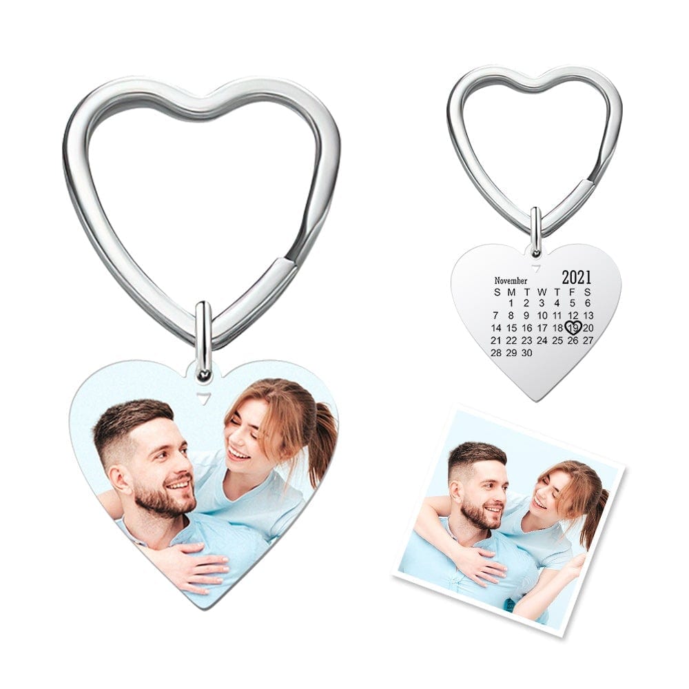 Silver heart photo keyring close-up showing engraved personalised photo and mini calendar – perfect Mother's Day personalised gift