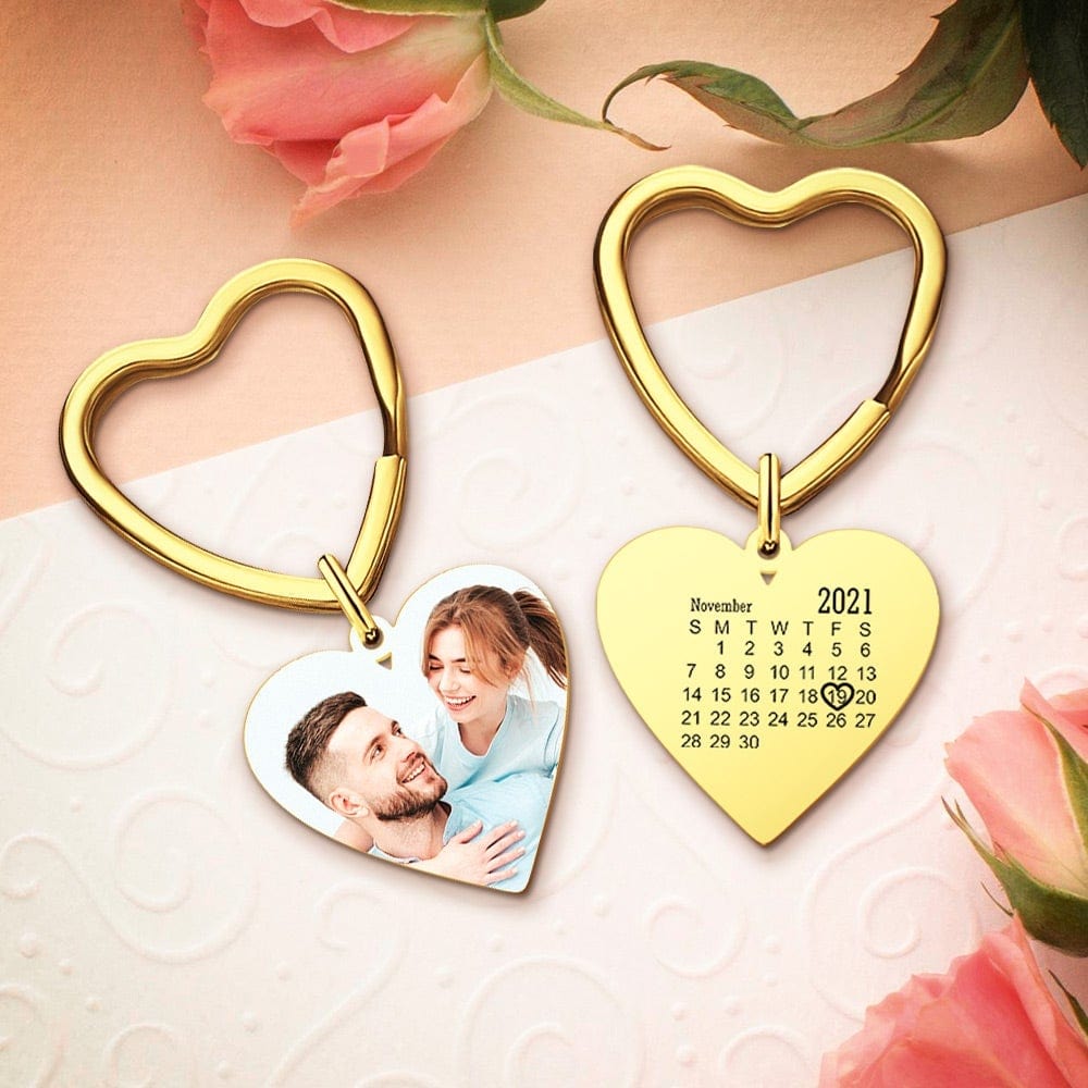 Silver personalised heart keyring on a keyring loop, engraved photo and calendar date visible – ideal anniversary or memorial gift