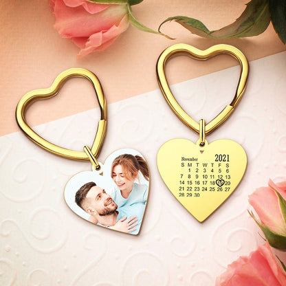 Silver personalised heart keyring on a keyring loop, engraved photo and calendar date visible – ideal anniversary or memorial gift