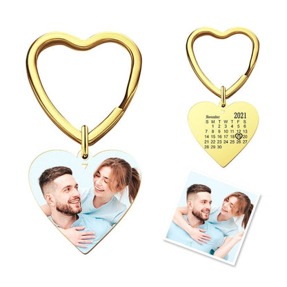 Gold personalised engraved heart photo keyring with mini calendar and optional custom text – elegant gift for wife or Mum
