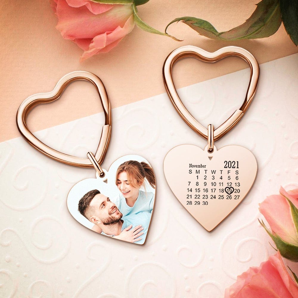 Gold engraved heart keyring attached to keys, personalised with photo and calendar date – anniversary keepsake
