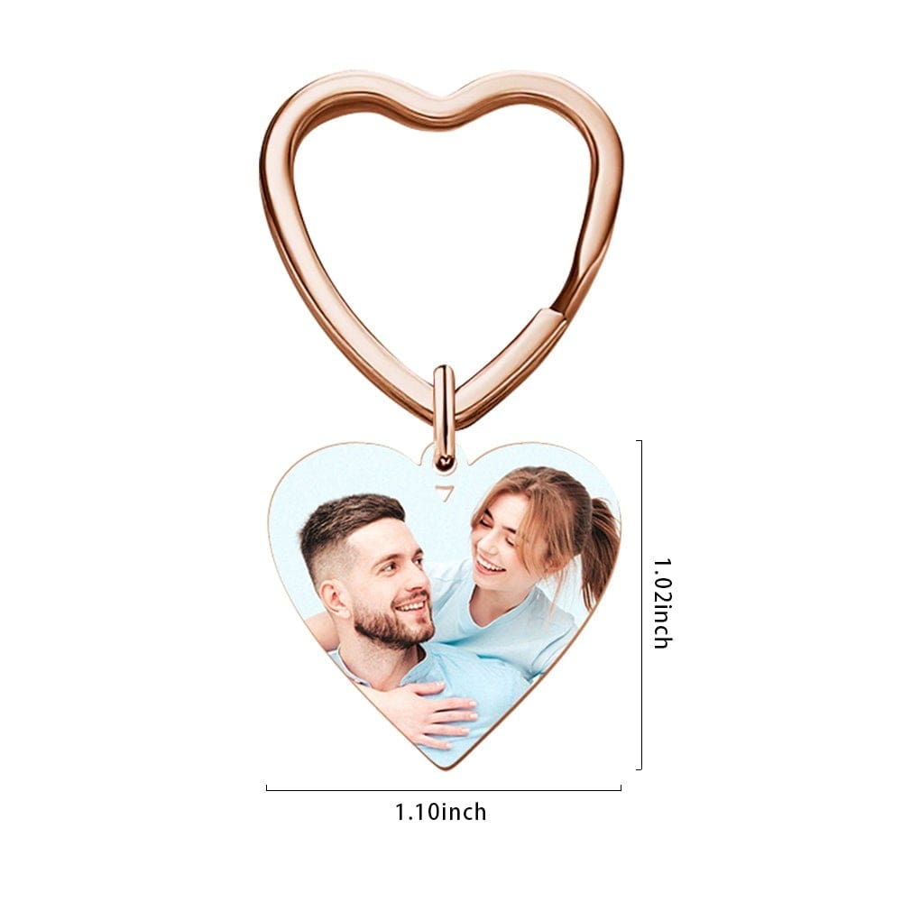 Close-up of rose gold engraved heart keyring showing photo detail and mini calendar engraving – compact stainless steel keepsake