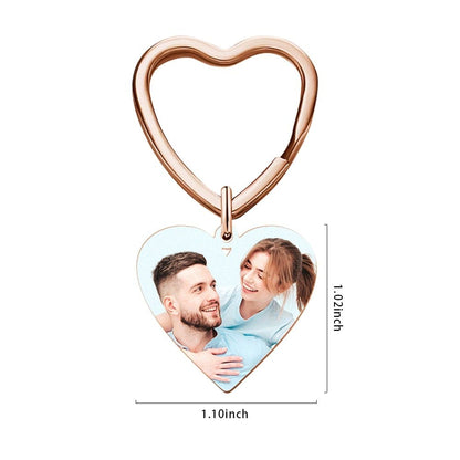 Close-up of rose gold engraved heart keyring showing photo detail and mini calendar engraving – compact stainless steel keepsake