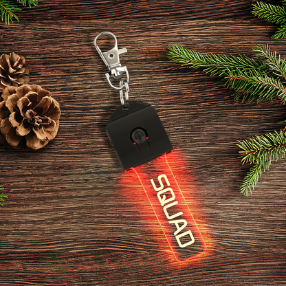 Clear acrylic personalised LED keyring with UV printing and gradient glow, carabiner clip