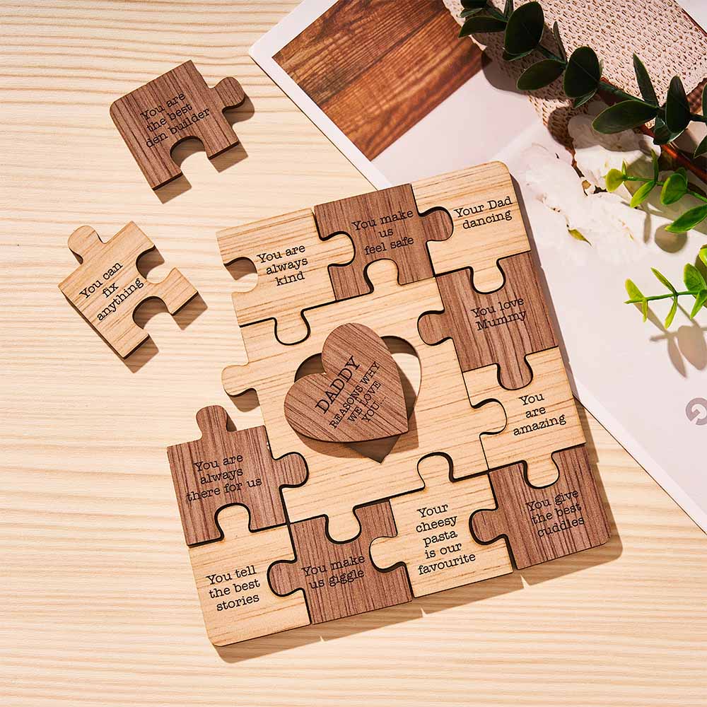 Close-up of engraved personalised wooden puzzle ornament showing names and fine natural wood grain – ideal Father’s Day or Christmas keepsake