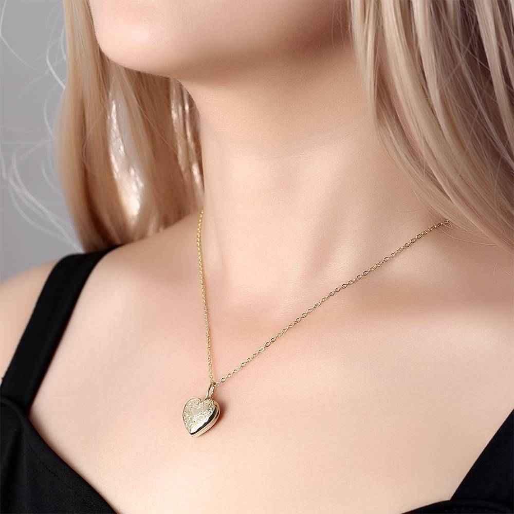 Embossed Printing Heart Photo Locket Necklace With Engraving 14k Gold Plated