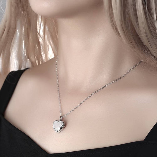 Embossed Heart Photo Locket Necklace, platinum-plated copper with engraved heart detail — personalised gift