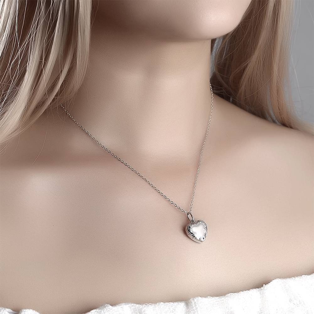 Embossed heart locket on delicate chain, styled as a personalised gift for her — wedding, bridesmaid or Mother's Day