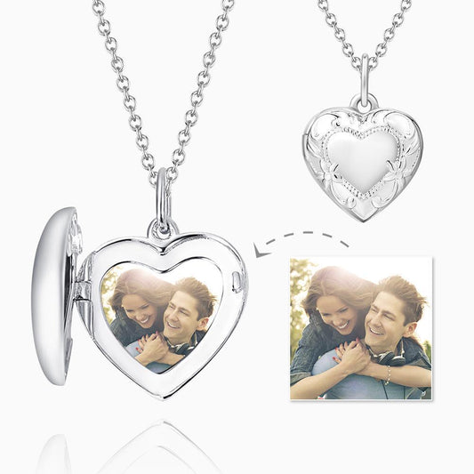 Embossed Heart Photo Locket Necklace, platinum-plated copper with engraved heart detail — personalised gift