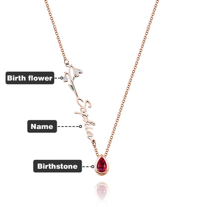 Macro detail of 55cm copper chain and secure clasp on personalised name necklace with birth flower charm