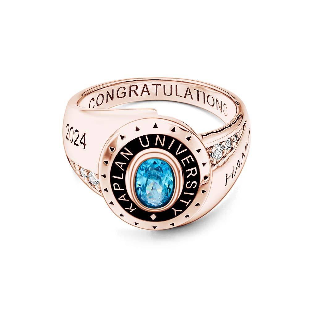 Front view of classic copper personalised birthstone graduation ring with space for custom text — perfect gift for female graduates, Class of 2024