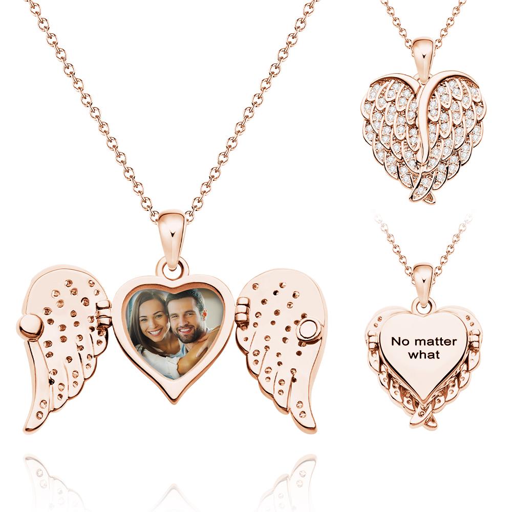 Custom Photo Engraved Necklace with Angel Wings & Diamonds | Personalised Gift