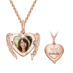 Custom Engraved Locket Necklace Angel Wings Pattern Gift for Her