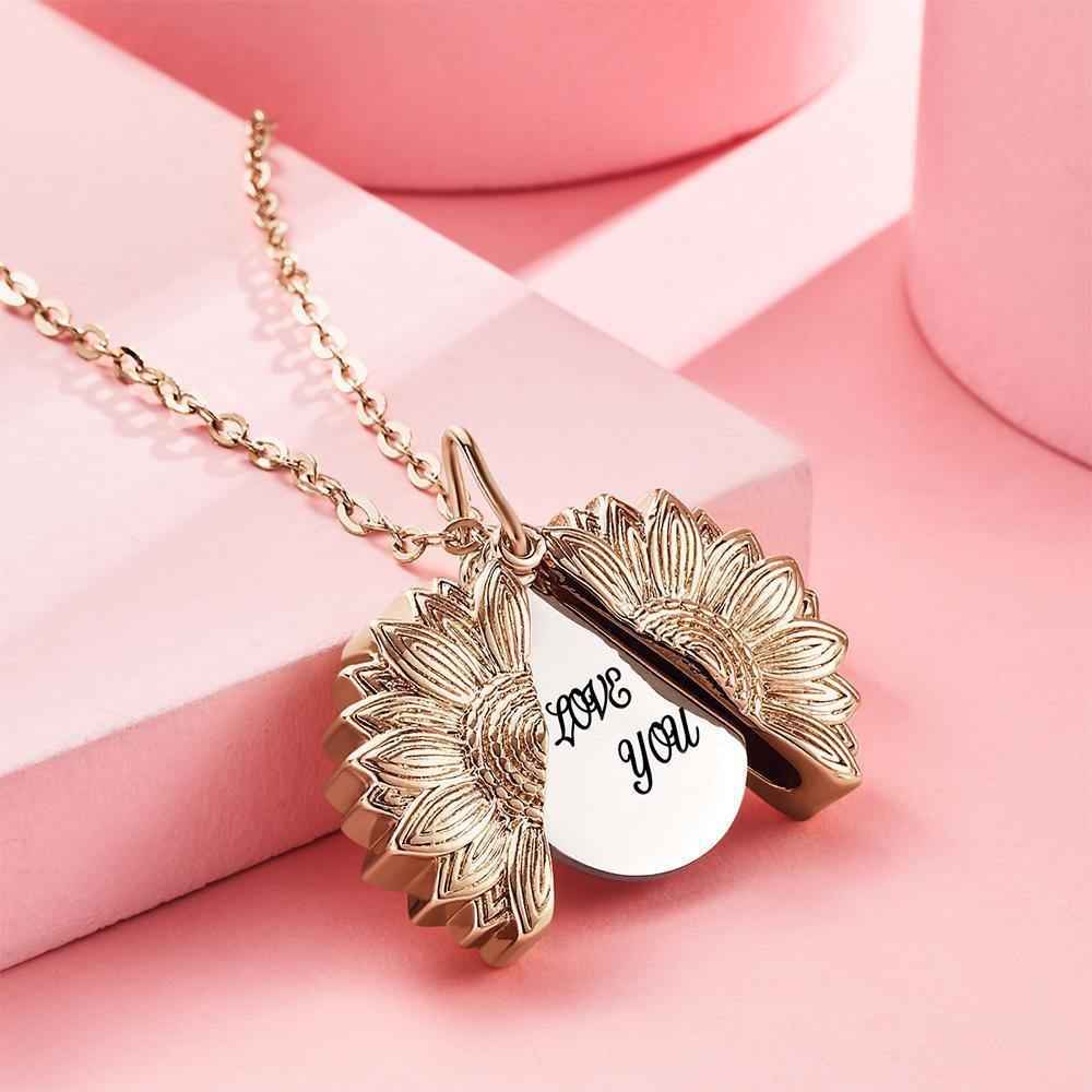 Custom Engraved Text Sunflower Locket Necklace