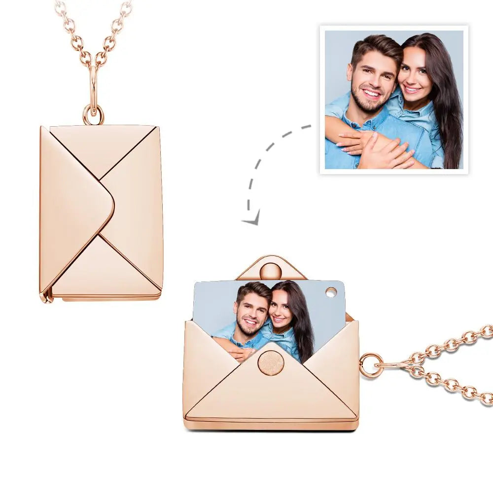 Close‑up of engraved back on personalised envelope locket necklace — stainless steel engraving area for names or quotes, durable and fade‑resistant