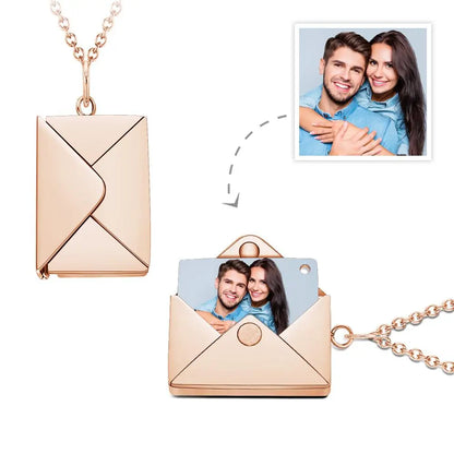 Close‑up of engraved back on personalised envelope locket necklace — stainless steel engraving area for names or quotes, durable and fade‑resistant
