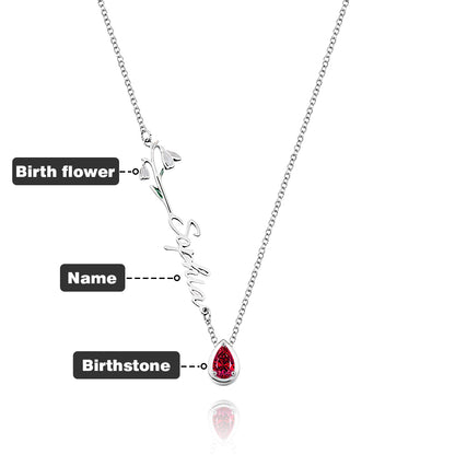 Personalised birth flower necklace with name and birthstone on 55cm copper chain – unique gift for her