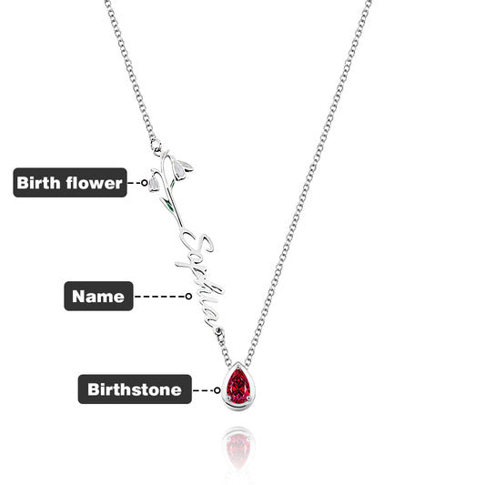 Personalised birth flower necklace with name and birthstone on 55cm copper chain – unique gift for her