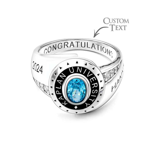 Personalised birthstone graduation ring in copper, close-up of Class of 2024 engraved band — ideal personalised jewellery gift for female graduates