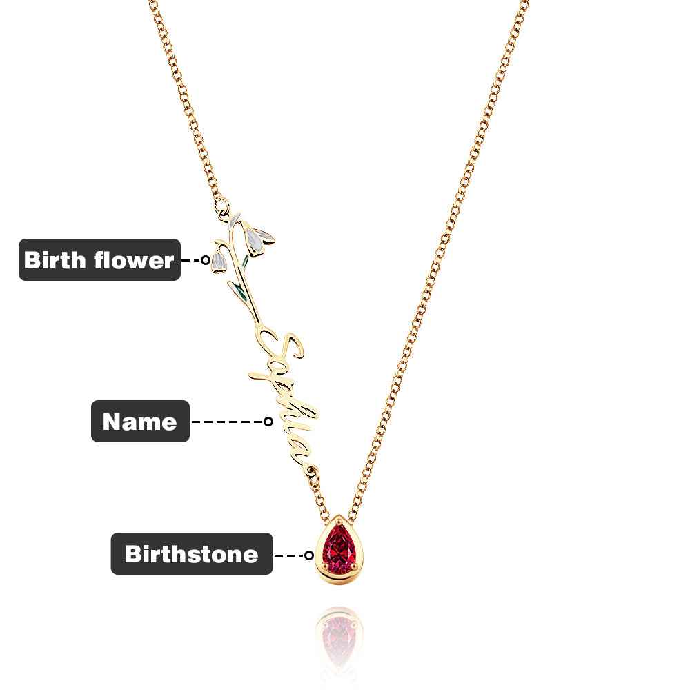 Personalized Birth Flower Birthstone Necklace with Name Necklace Jewelry Gift for Her