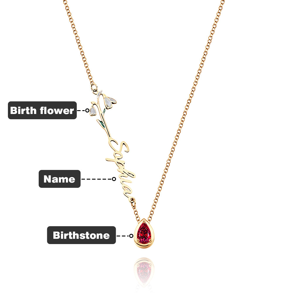 Side view of personalised name and birth flower pendant on 22 inch copper chain highlighting fine engraving and finish