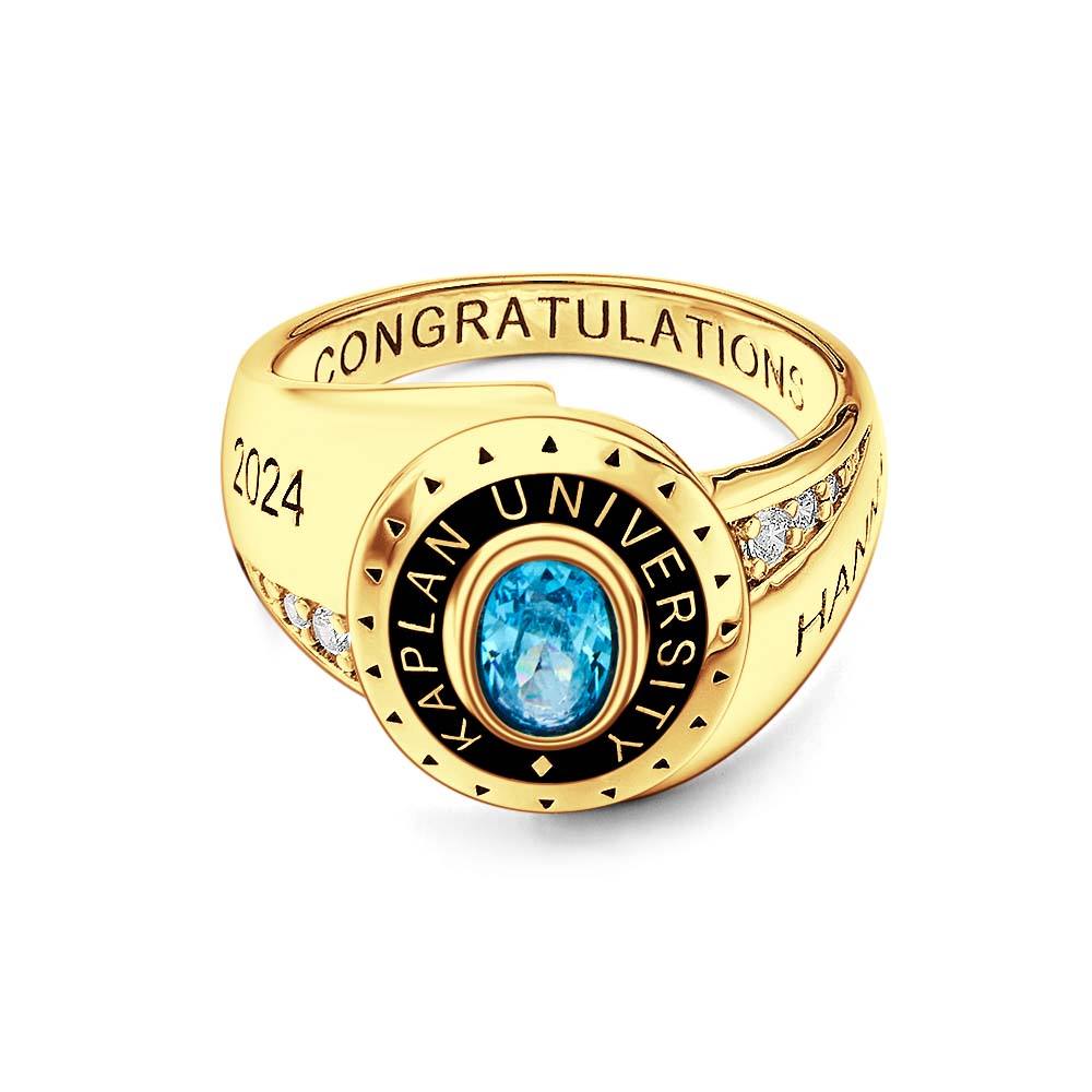 Close-up of copper personalised ring showing birthstone setting and custom engraving — thoughtful Class of 2024 graduation keepsake
