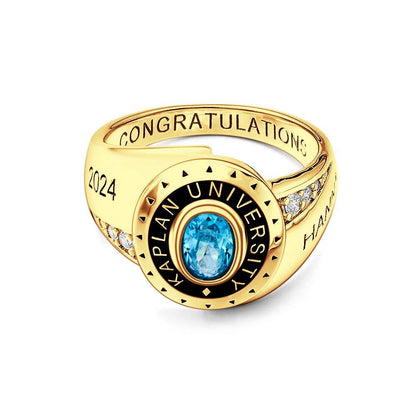 Close-up of copper personalised ring showing birthstone setting and custom engraving — thoughtful Class of 2024 graduation keepsake
