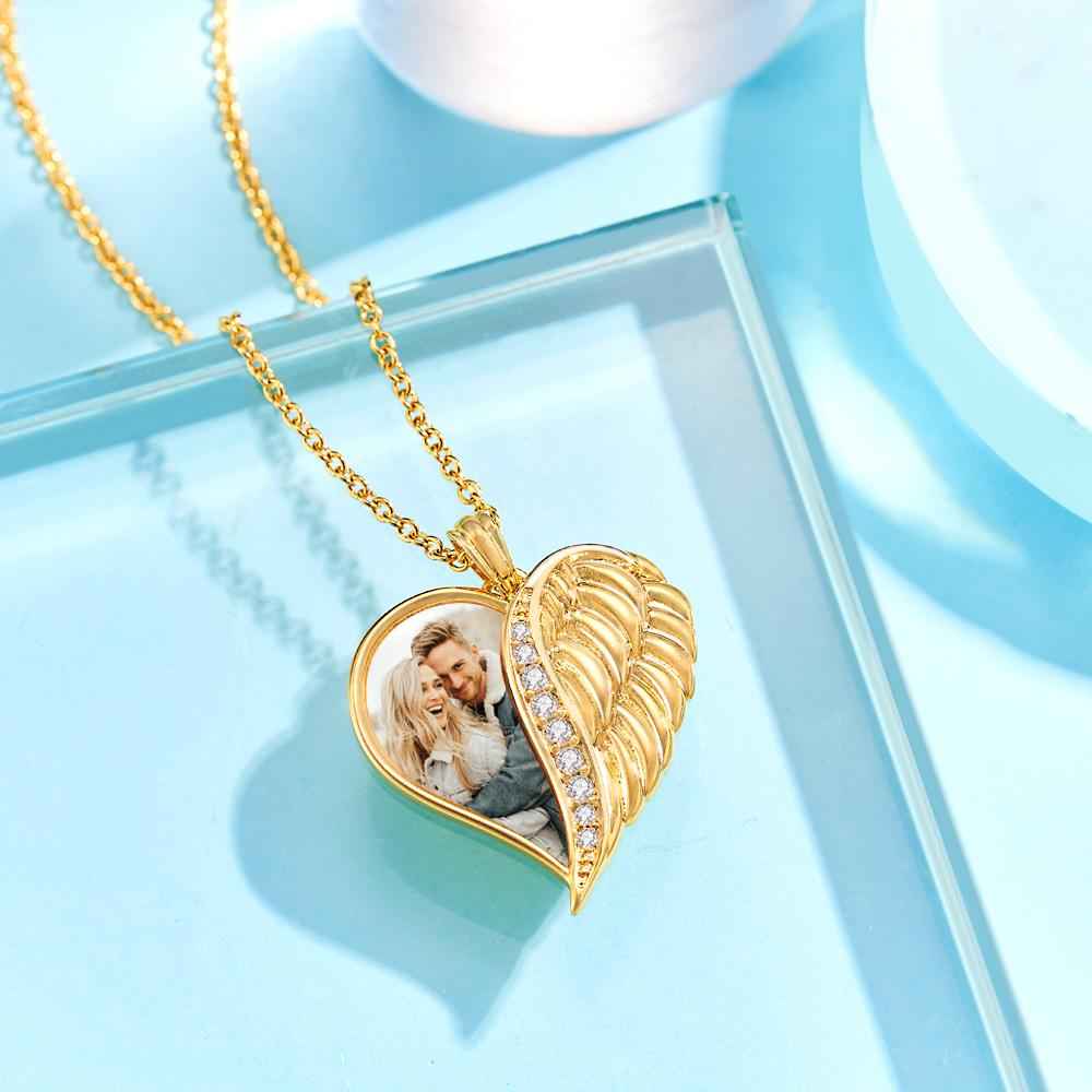 Custom Angel Wings Heart Necklace with Photo and Text