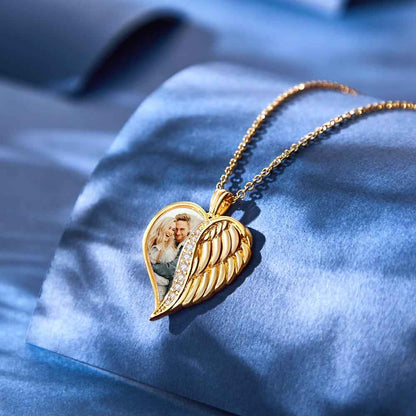 Custom Angel Wings Heart Necklace with Photo and Text