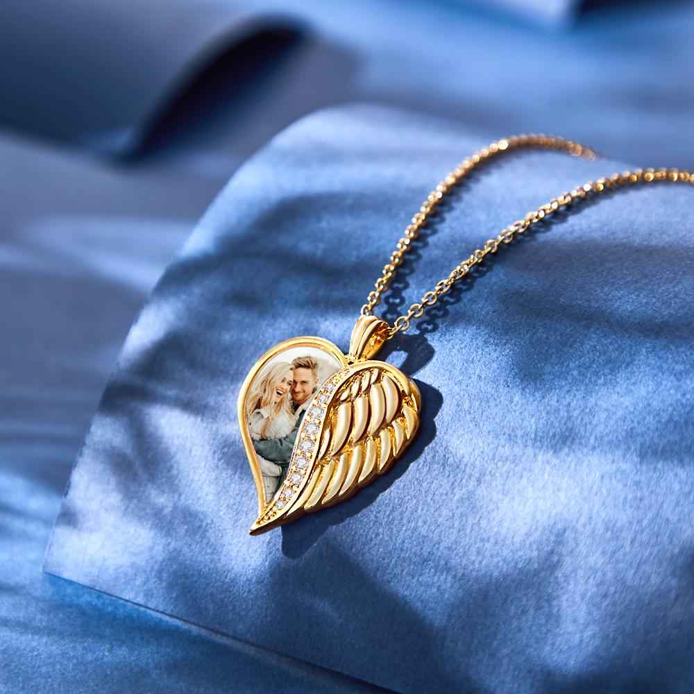 Custom Angel Wings Heart Necklace with Photo and Text