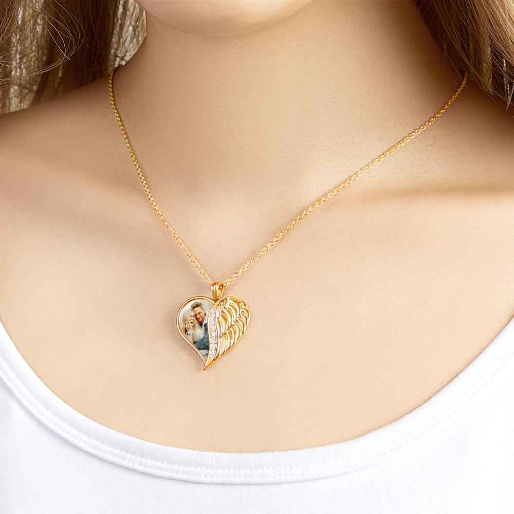 Custom Angel Wings Heart Necklace with Photo and Text
