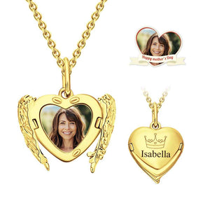 Custom Engraved Locket Necklace Angel Wings Pattern Gift for Her