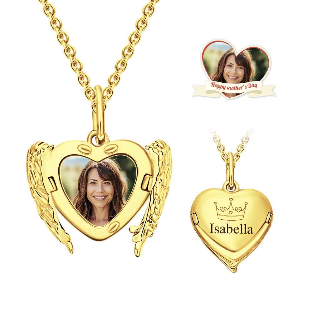 Custom Engraved Locket Necklace Angel Wings Pattern Gift for Her