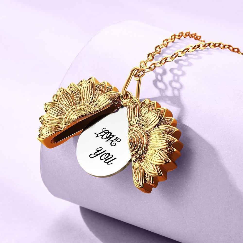 Custom Engraved Text Sunflower Locket Necklace