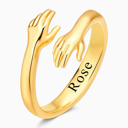 Custom Engraved Name Hug Ring - Personalised Hugging Hands Adjustable Open Ring