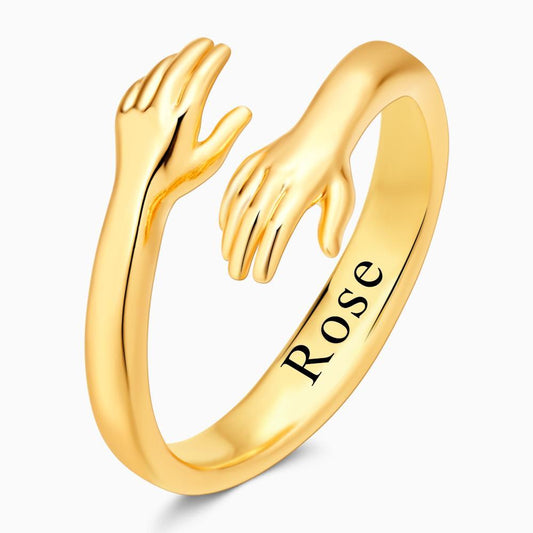 Custom Engraved Name Hug Ring - Personalised Hugging Hands Adjustable Open Ring