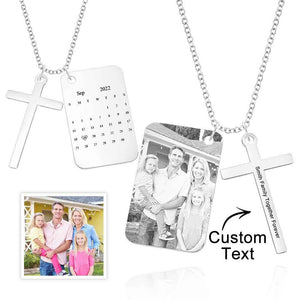 Personalized Photo Calendar Engraved Stainless Steel Cross Necklace Custom Message Pendant Father's Day Gift