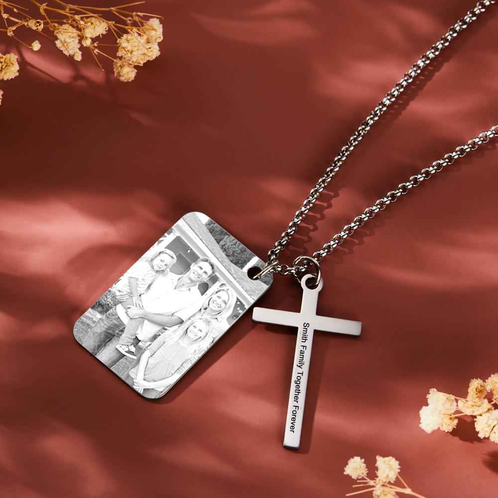 Personalized Photo Calendar Engraved Stainless Steel Cross Necklace Custom Message Pendant Father's Day Gift