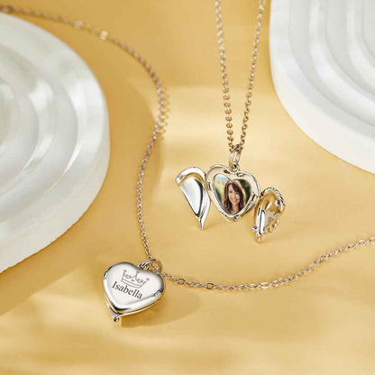 Custom Engraved Locket Necklace Angel Wings Pattern Gift for Her