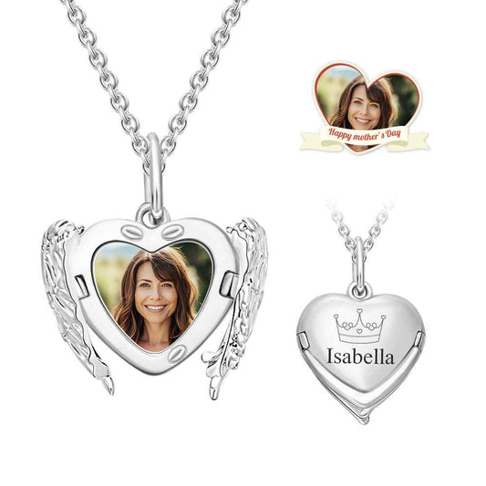 Custom Engraved Locket Necklace Angel Wings Pattern Gift for Her