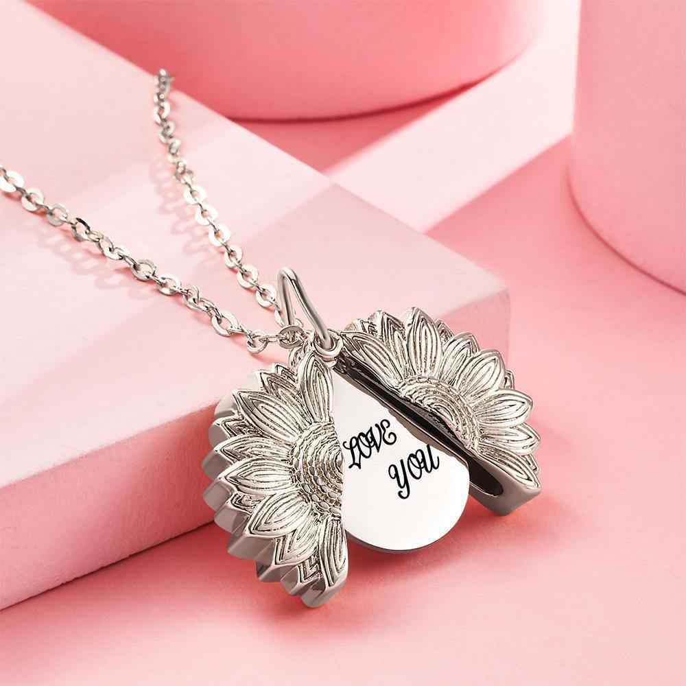 Custom Engraved Text Sunflower Locket Necklace