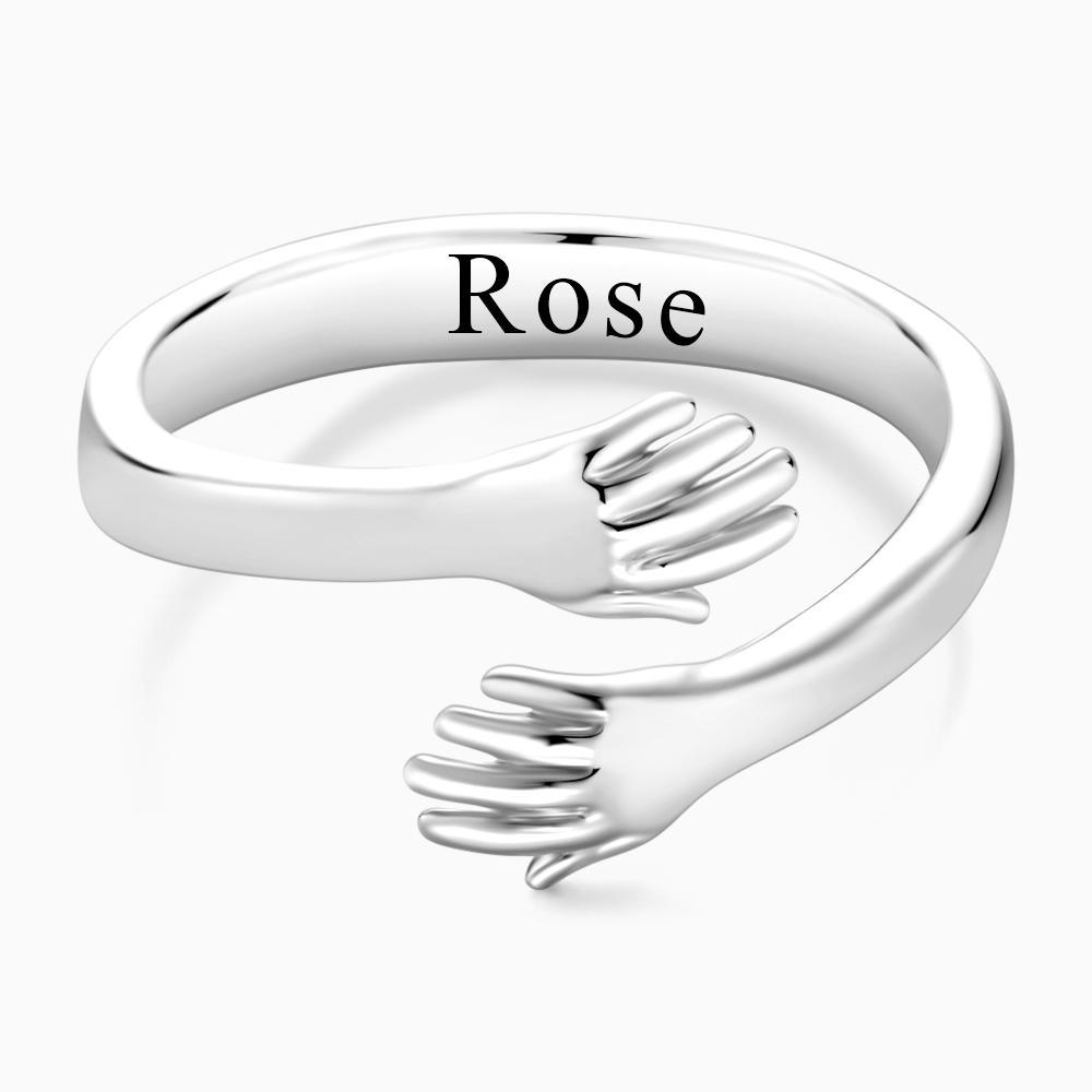 Custom Engraved Name Hug Ring - Personalised Hugging Hands Adjustable Open Ring