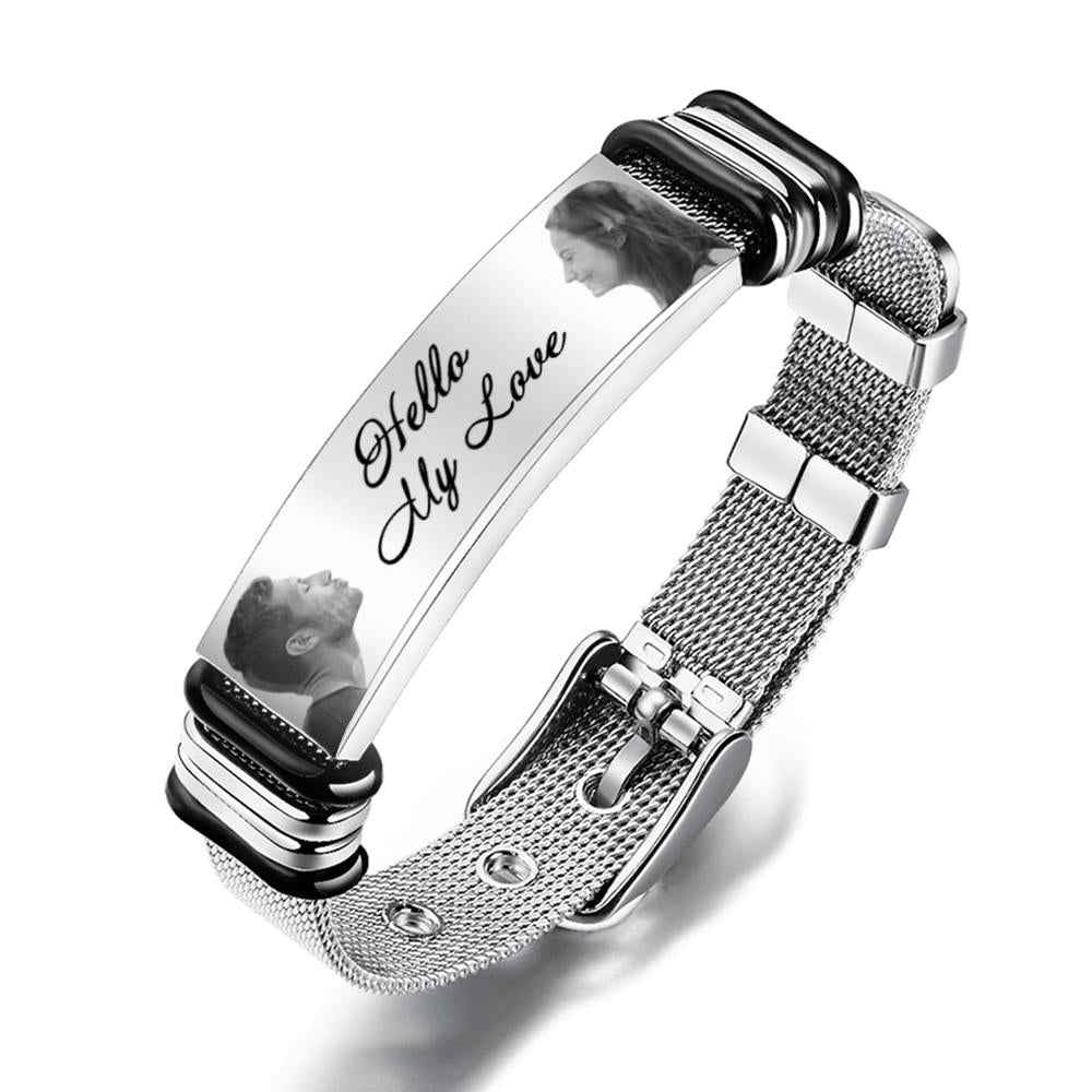 Custom Engraved Mens Bracelet with Two Pictures and Text