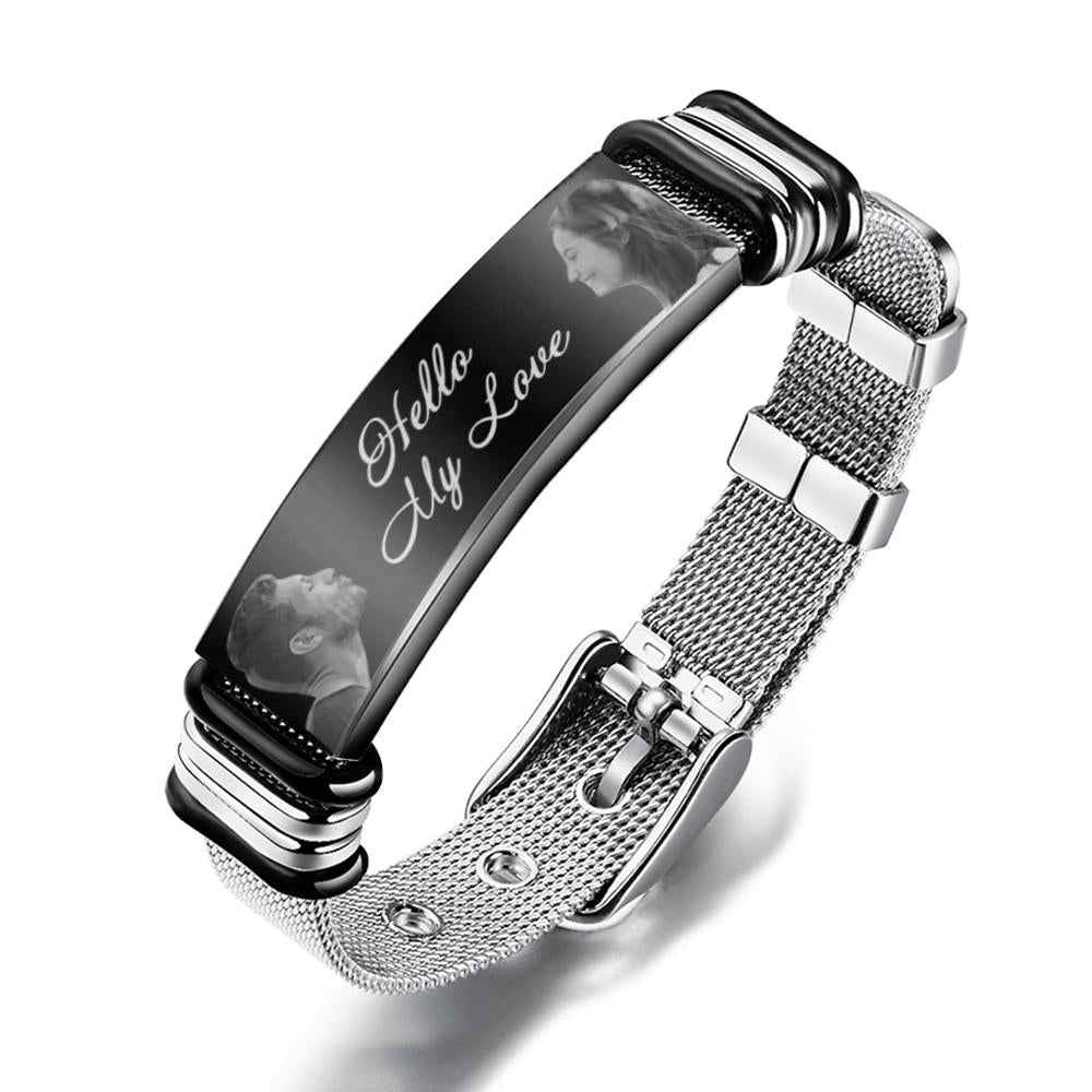 Custom Engraved Mens Bracelet with Two Pictures and Text