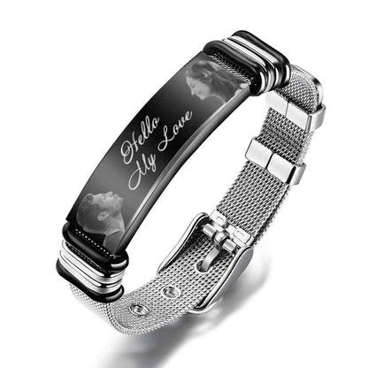 Custom Engraved Mens Bracelet with Two Pictures and Text