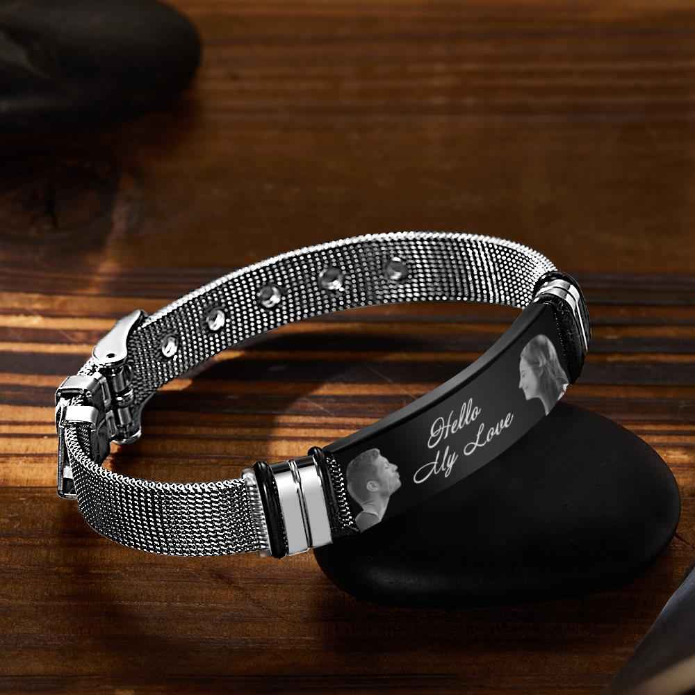 Custom Engraved Mens Bracelet with Two Pictures and Text