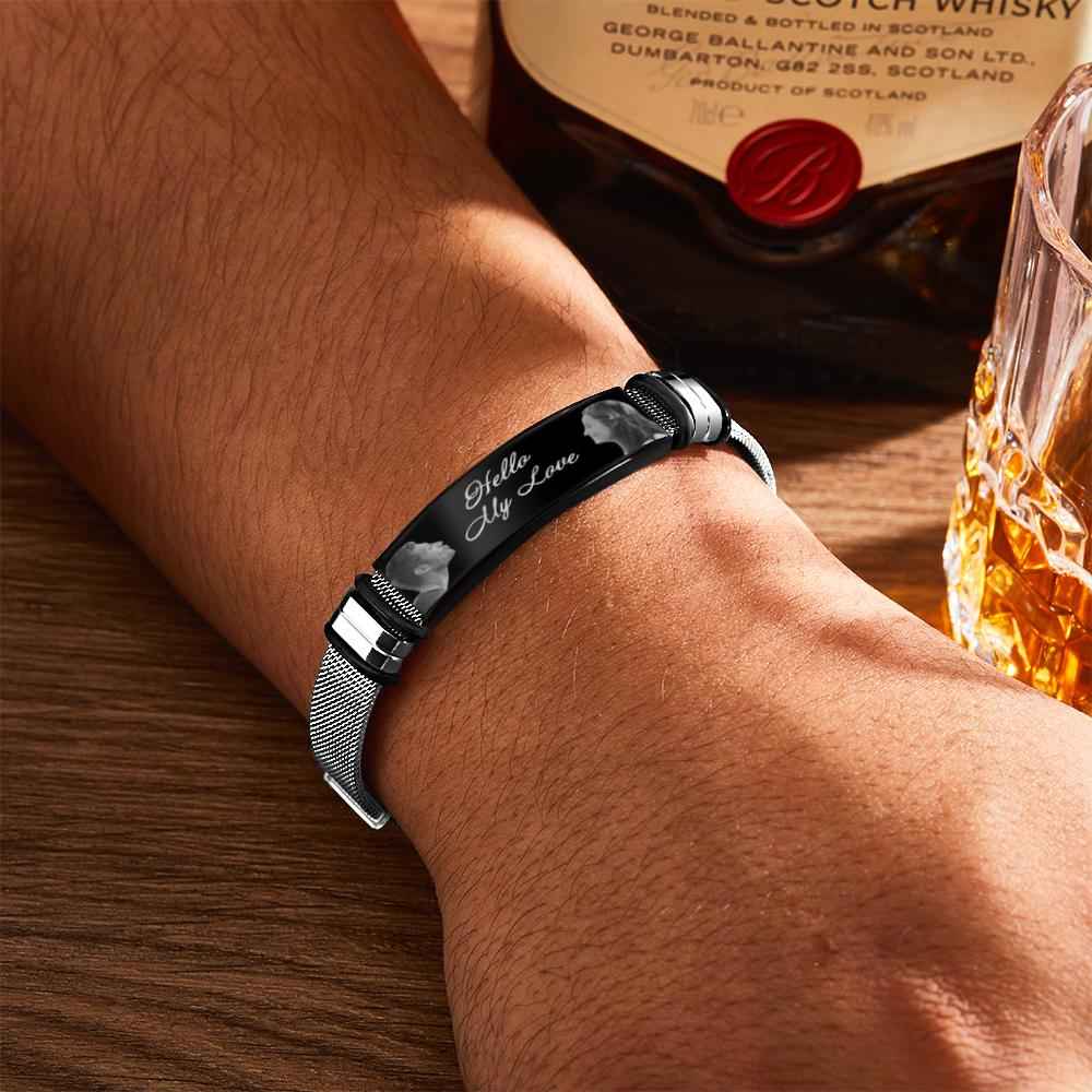 Custom Engraved Mens Bracelet with Two Pictures and Text