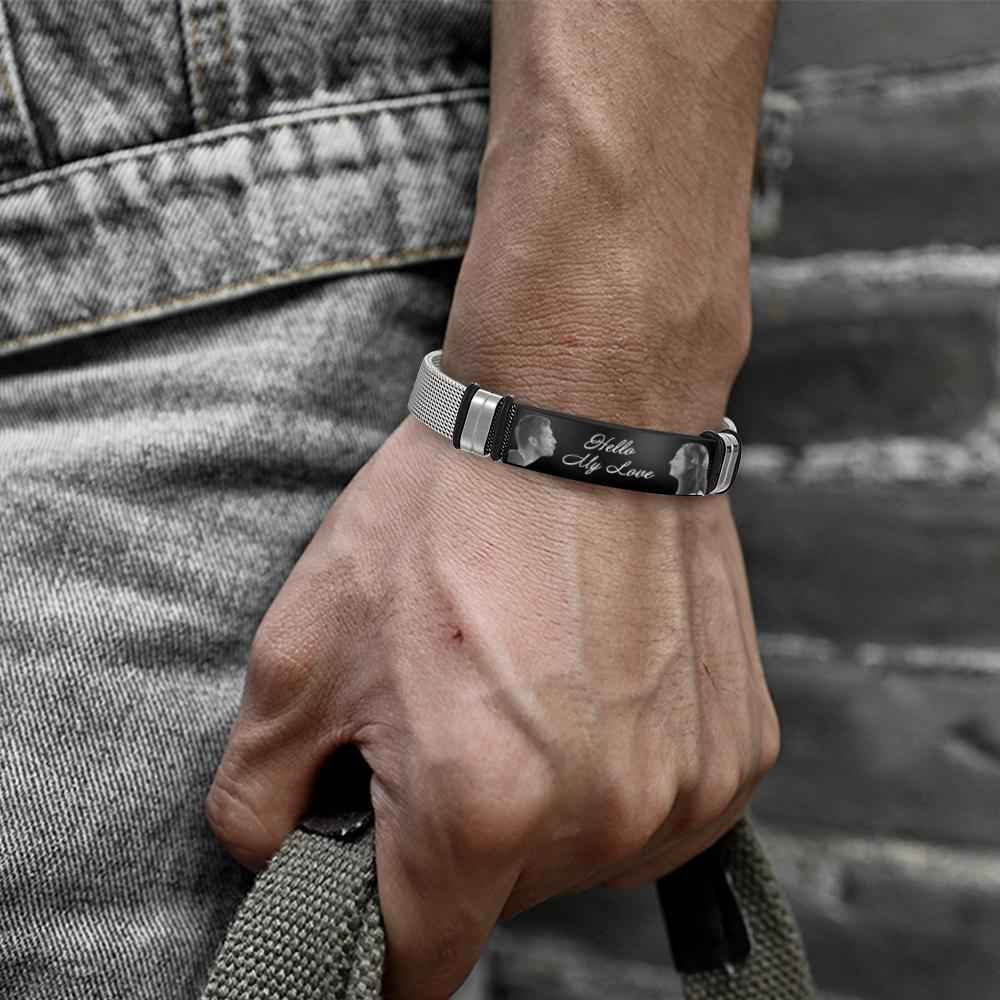 Custom Engraved Mens Bracelet with Two Pictures and Text